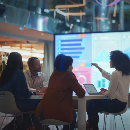collaborative professionals brainstorming stylish lobby interior