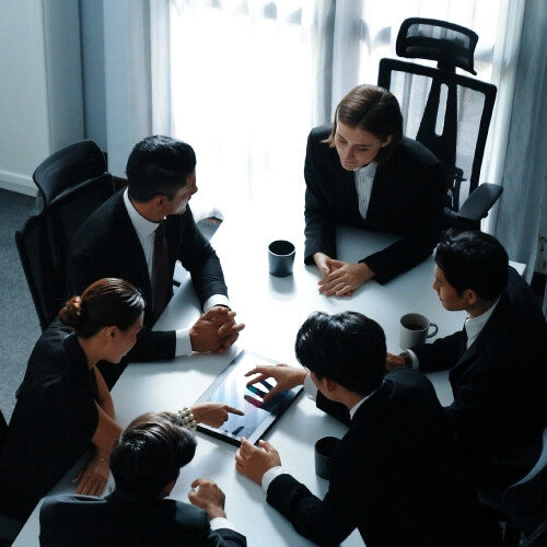 top view diverse business team discuss about marketing idea directorate